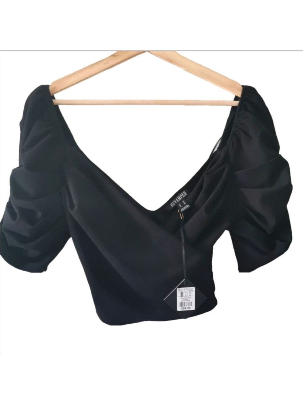Revamped black v crop top with poof 3/4 sleeves. NWT